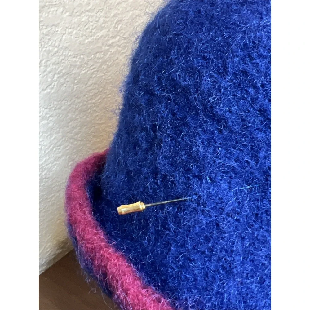 VTG Blue Tweed Wool Cloche Hat Winter Felted Wool Hat Pink Trim With Hat Pin OS